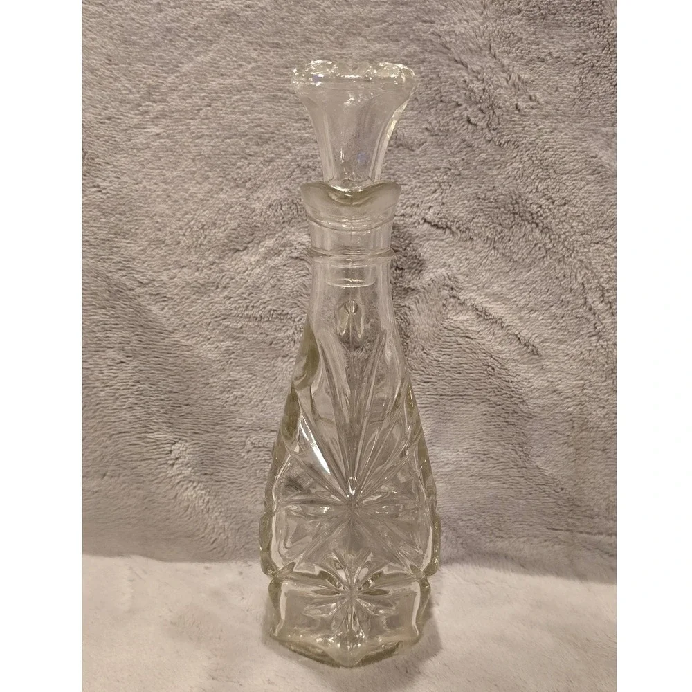 Vintage Anchor Hocking Star of David Clear Pressed Glass Cruet with Stopper 7.5